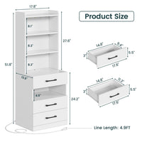 Sikaic Nightstand LED Tall Nightstand with Charging Station 3 Drawers And Bookshelf  White