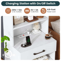 Sikaic Nightstand LED Tall Nightstand with Charging Station 3 Drawers And Bookshelf  White