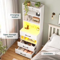 Sikaic Nightstand LED Tall Nightstand with Charging Station 3 Drawers And Bookshelf  White