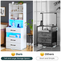 Sikaic Nightstand LED Tall Nightstand with Charging Station 3 Drawers And Bookshelf  White