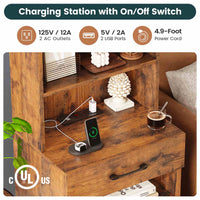 Sikaic Nightstand LED Tall Nightstand with Charging Station 3 Drawers And Bookshelf Brown