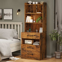 Sikaic Nightstand LED Tall Nightstand with Charging Station 3 Drawers And Bookshelf Brown