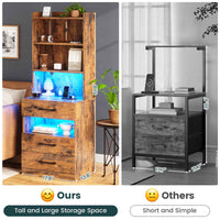 Sikaic Nightstand LED Tall Nightstand with Charging Station 3 Drawers And Bookshelf Brown