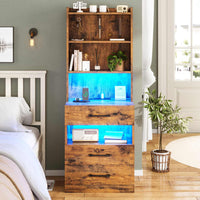 Sikaic Nightstand LED Tall Nightstand with Charging Station 3 Drawers And Bookshelf Brown