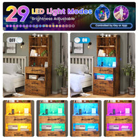 Sikaic Nightstand LED Tall Nightstand with Charging Station 3 Drawers And Bookshelf Brown