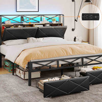 Sikaic Bed Frame LED Metal Bed Frame Storage Headboard with Charging Station Black