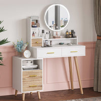 Sikaic Makeup Vanity LED Touch Screen Makeup Vanity Mirror with Nightstand and Open Shelves Storage Drawers White