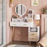 Sikaic Makeup Vanity LED Touch Screen Makeup Vanity Mirror with Nightstand and Open Shelves Storage Drawers White