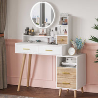 Sikaic Makeup Vanity LED Touch Screen Makeup Vanity Mirror with Nightstand and Open Shelves Storage Drawers White