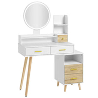 Sikaic Makeup Vanity LED Touch Screen Makeup Vanity Mirror with Nightstand and Open Shelves Storage Drawers White