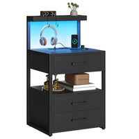 Sikaic Nightstand LED Nightstand with Charging Station 2 USB Ports and 2 AC Outlets And 3 Drawers Open Storage Black