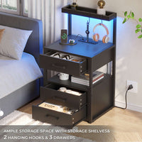 Sikaic Nightstand LED Nightstand with Charging Station 2 USB Ports and 2 AC Outlets And 3 Drawers Open Storage Black