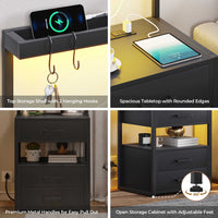 Sikaic Nightstand LED Nightstand with Charging Station 2 USB Ports and 2 AC Outlets And 3 Drawers Open Storage Black