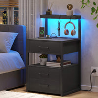 Sikaic Nightstand LED Nightstand with Charging Station 2 USB Ports and 2 AC Outlets And 3 Drawers Open Storage Black