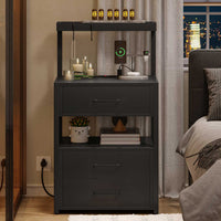 Sikaic Nightstand LED Nightstand with Charging Station 2 USB Ports and 2 AC Outlets And 3 Drawers Open Storage Black