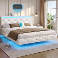 Sikaic Bed Frame Floating LED Bed Frame with Outlets Leather Upholstered Headboard White