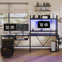 Sikaic Gaming Desk 67 Inches Led L Shaped Reversible Corner Gaming Desk with Power Outlet & Drawer File Cabinet Keyboard Tray Black