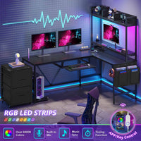 Sikaic Gaming Desk 67 Inches Led L Shaped Reversible Corner Gaming Desk with Power Outlet & Drawer File Cabinet Keyboard Tray Black