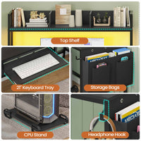 Sikaic Gaming Desk 67 Inches Led L Shaped Reversible Corner Gaming Desk with Power Outlet & Drawer File Cabinet Keyboard Tray Black