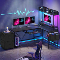 Sikaic Gaming Desk 67 Inches Led L Shaped Reversible Corner Gaming Desk with Power Outlet & Drawer File Cabinet Keyboard Tray Black