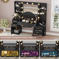 Sikaic Makeup Vanity 48.8 Inches Large Makeup Vanity Desk with Lighted Mirror & Power Outlet Glass Tabletop Bedroom Dressing Table Black