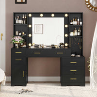 Sikaic Makeup Vanity 48.8 Inches Large Makeup Vanity Desk with Lighted Mirror & Power Outlet Glass Tabletop Bedroom Dressing Table Black