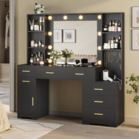 Sikaic Makeup Vanity 48.8 Inches Large Makeup Vanity Desk with Lighted Mirror & Power Outlet Glass Tabletop Bedroom Dressing Table Black