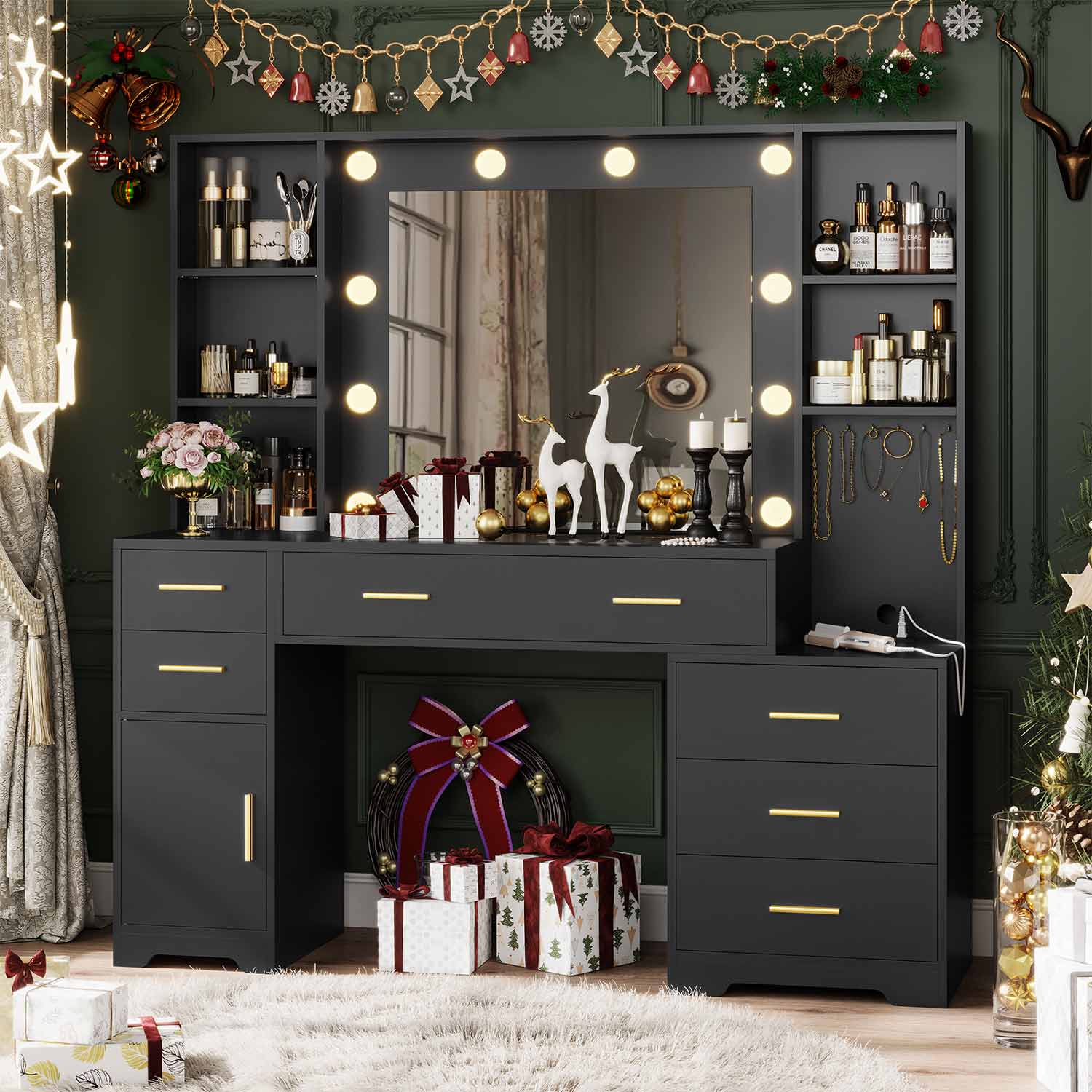 dressing table black Modern Black extendable dressing table with 5 drawers and dressing table with stool and mirror