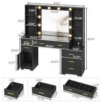 Sikaic Makeup Vanity 48.8 Inches Large Makeup Vanity Desk with Lighted Mirror & Power Outlet Glass Tabletop Bedroom Dressing Table Black