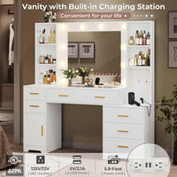 Sikaic Makeup Vanity 48.8 Inches Large Makeup Vanity Desk with Lighted Mirror & Power Outlet Glass Tabletop Bedroom Dressing Table White