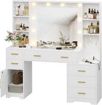 Sikaic Makeup Vanity 48.8 Inches Large Makeup Vanity Desk with Lighted Mirror & Power Outlet Glass Tabletop Bedroom Dressing Table White