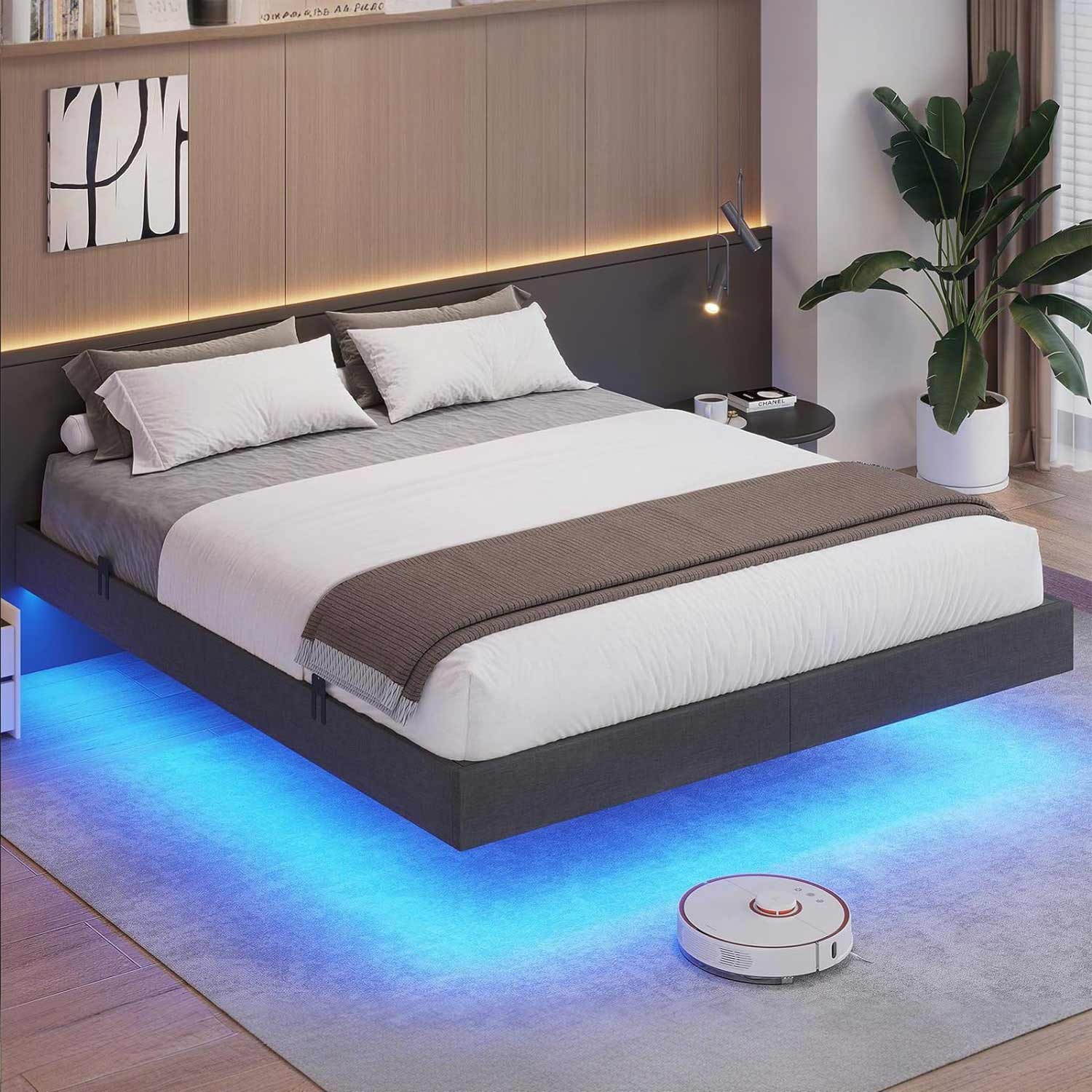 RIDFY Floating Bed Frame Queen With LED Lights, Heavy Duty
