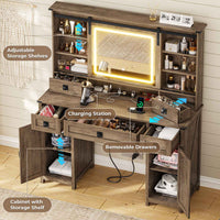 Sikaic Makeup Vanity Large Makeup Vanity with Lights & Charging Station Ample Storage Space and Sliding Mirror Brown