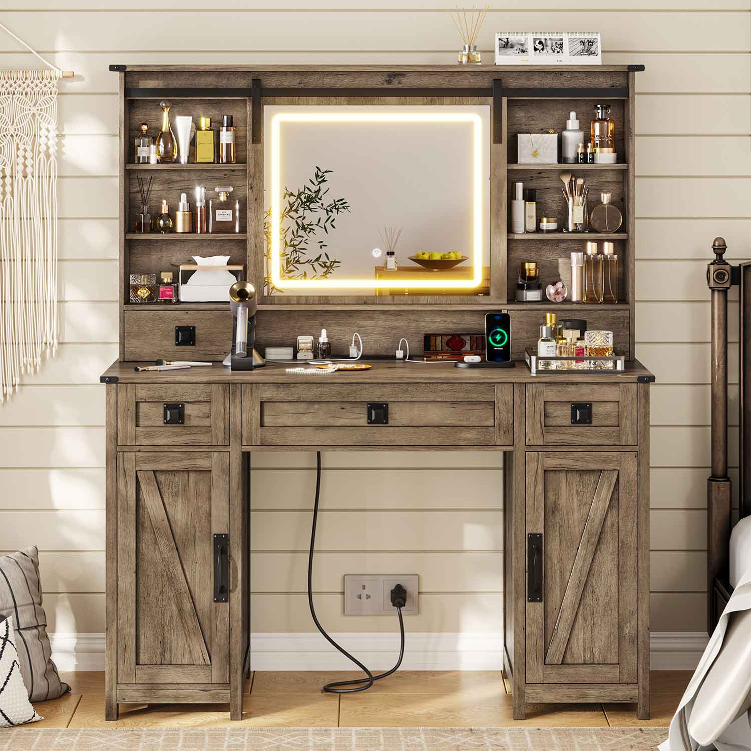 Sikaic Makeup Vanity with LED Mirror Sliding Barn Doors Brown Sikaic Makeup Vanity with LED Mirror Sliding Barn Doors Brown