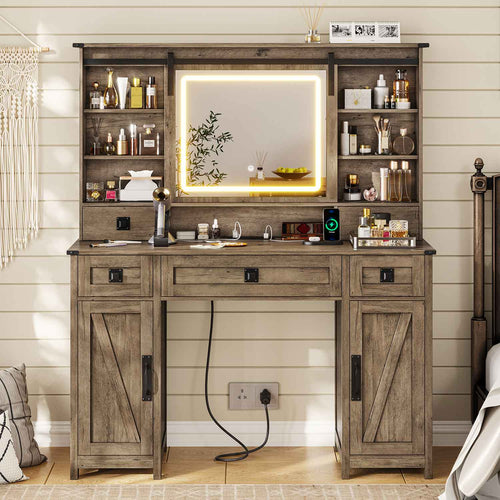 Sikaic Makeup Vanity Large Makeup Vanity with Lights & Charging Station Ample Storage Space and Sliding Mirror Brown