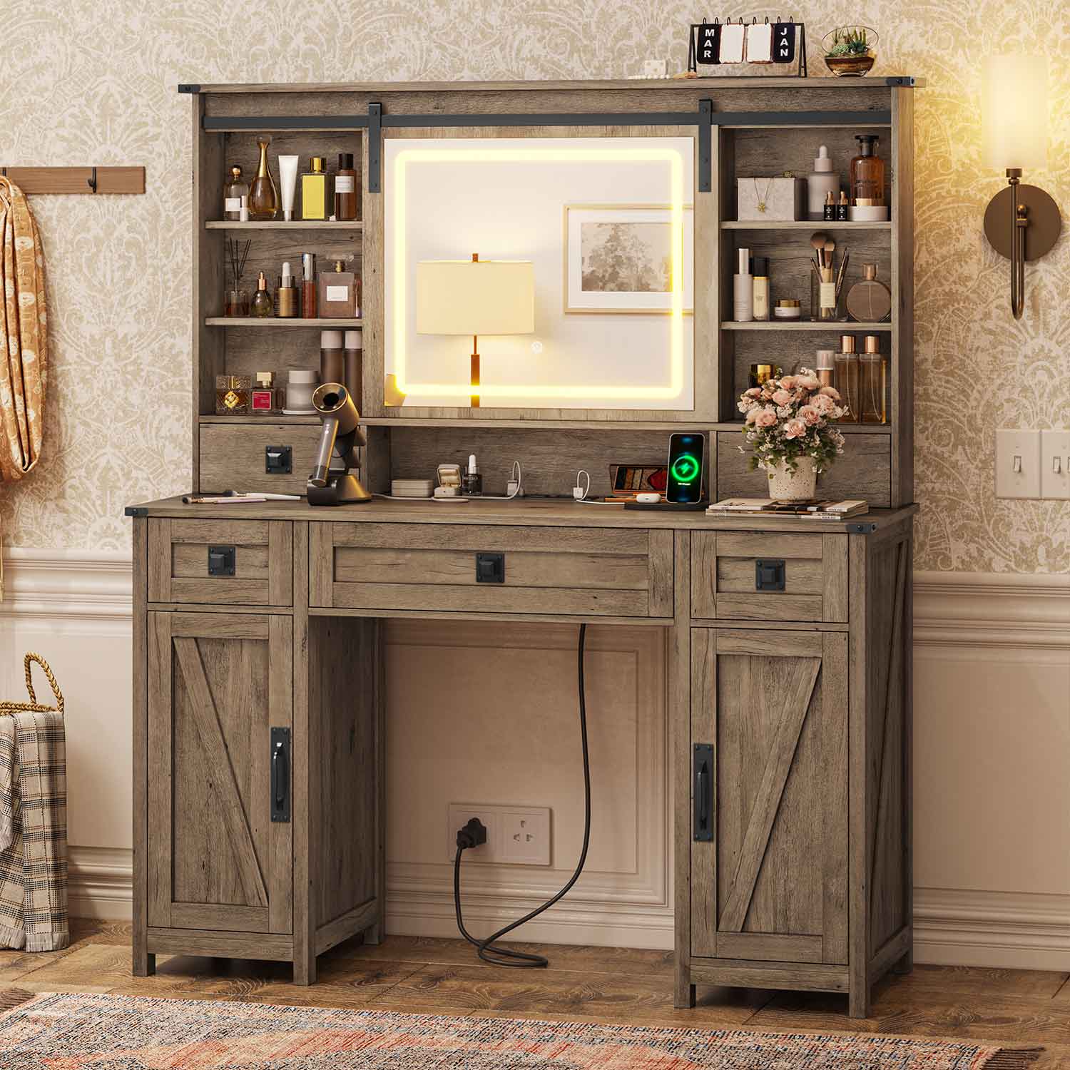 Makeup Vanity with Sliding Mirror LED Lights Brown Makeup Vanity with Sliding Mirror LED Lights Brown