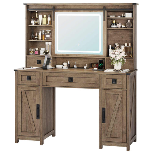 Sikaic Makeup Vanity Large Makeup Vanity with Lights & Charging Station Ample Storage Space and Sliding Mirror Brown