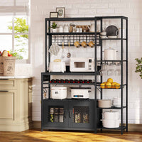 Sikaic Coffee Bar Coffee Bar Bakers Rack with Power Outlet Kitchen Microwave Stand Wire Basket Metal Grid Wine Rack Goblet Holder Hooks Black