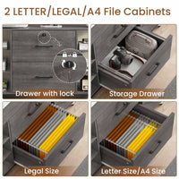 Sikaic File Cabinet 44 Inches File Cabinet with 2 Drawers Lock Power Strip Storage Shelves Grey