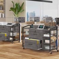 Sikaic File Cabinet 44 Inches File Cabinet with 2 Drawers Lock Power Strip Storage Shelves Grey