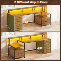 Sikaic Gaming Desk 66 inches LED Gaming Desk with File Drawer Power Outlet  Printer Cabinet and Monitor Shelf Brown