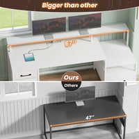 Sikaic Gaming Desk 66 inches LED Gaming Desk with File Drawer Power Outlet  Printer Cabinet and Monitor Shelf White