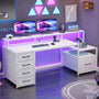 Sikaic Gaming Desk 66 inches LED Gaming Desk with File Drawer Power Outlet  Printer Cabinet and Monitor Shelf White