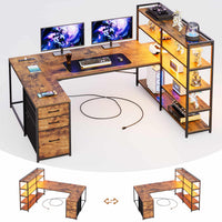 Sikaic Gaming Desk 64.5 inches Reversible L Shaped Desk with Storage Shelves  U Shaped Gaming Desk with 3 Drawers Power Outlet & LED Strip Brown