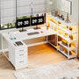 Sikaic Gaming Desk 64.5 inches Reversible L Shaped Desk with Storage Shelves  U Shaped Gaming Desk with 3 Drawers Power Outlet & LED Strip White