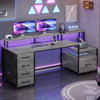 Sikaic Gaming Desk 66 inches LED Gaming Desk with File Drawer Power Outlet  Printer Cabinet and Monitor Shelf Grey