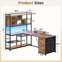 Sikaic Gaming Desk 58 Inches L Shaped Gaming Desk with LED Light 3 Drawers and Bookshelf Storage Shelves Brown