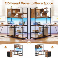 Sikaic Gaming Desk 58 Inches L Shaped Gaming Desk with LED Light 3 Drawers and Bookshelf Storage Shelves Brown