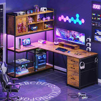 Sikaic Gaming Desk 58 Inches L Shaped Gaming Desk with LED Light 3 Drawers and Bookshelf Storage Shelves Brown