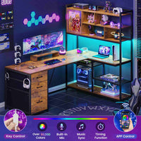 Sikaic Gaming Desk 58 Inches L Shaped Gaming Desk with LED Light 3 Drawers and Bookshelf Storage Shelves Brown